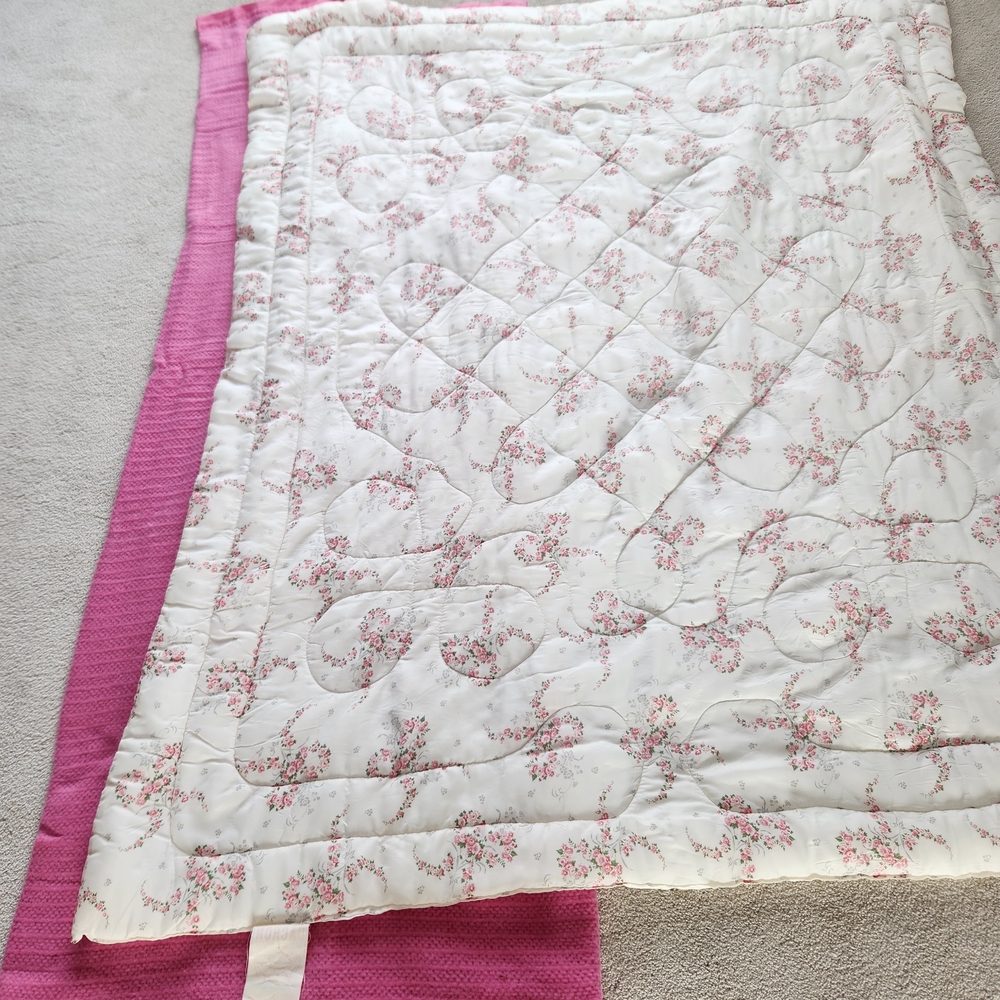 Floral Pink and White Quilted Blanket